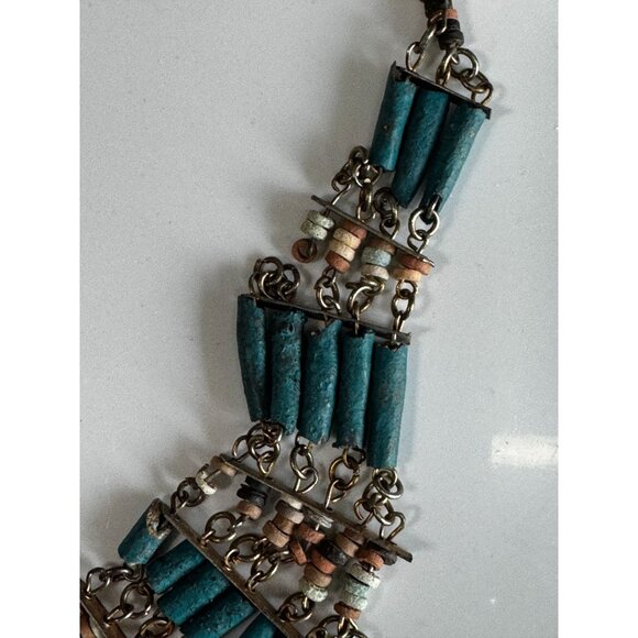 Vintage Tribal Howlite & Heishi Bead Fan Necklace With Patina Brass Chain 16" - Picture 8 of 11